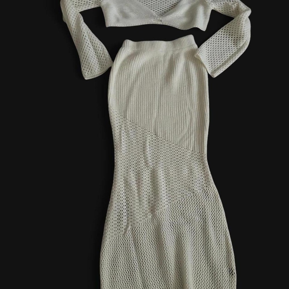 White mesh long sleeve top and skirt set